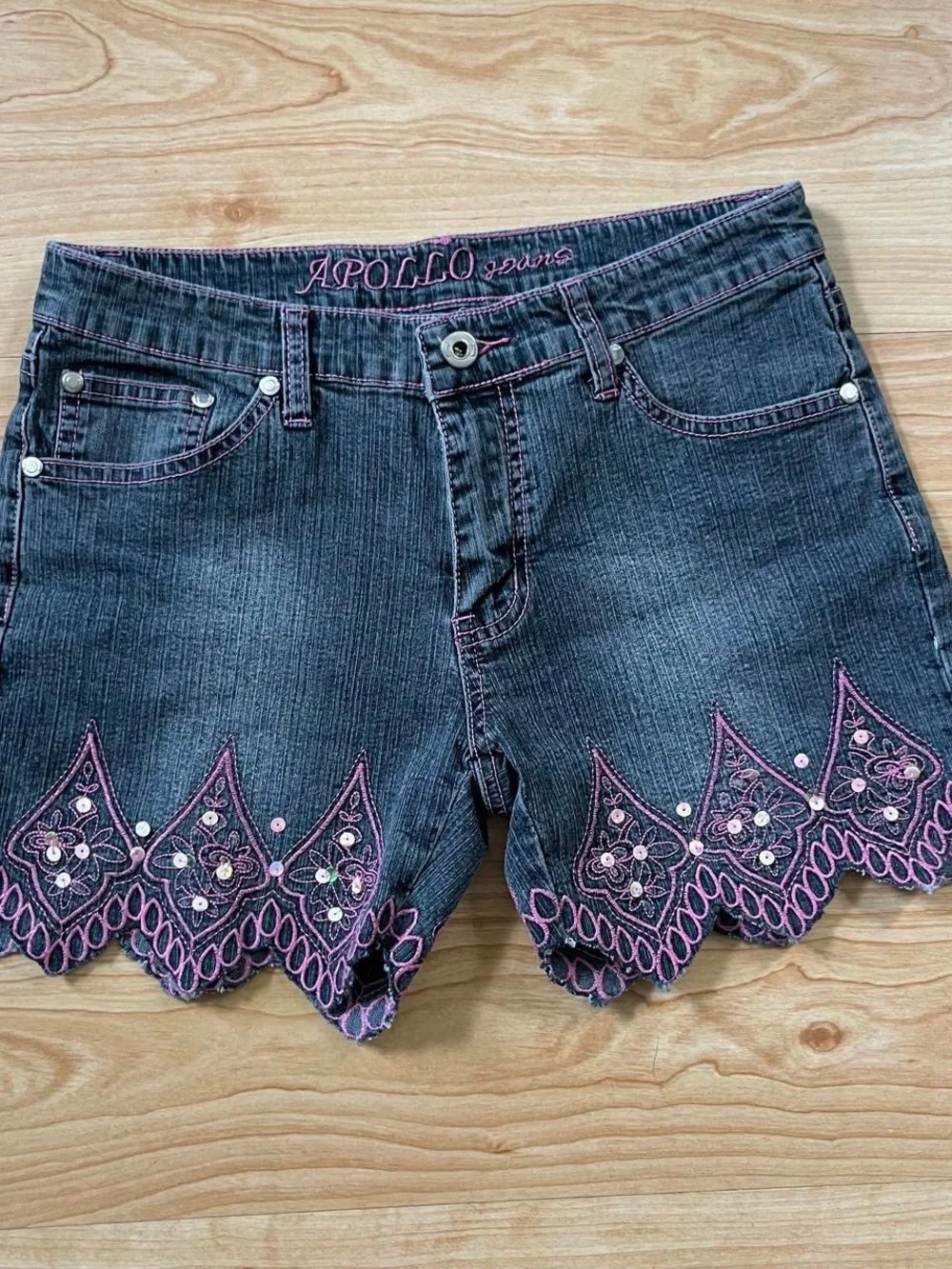 y2k fairy core denim shorts embroidered scallop hem and sequin details